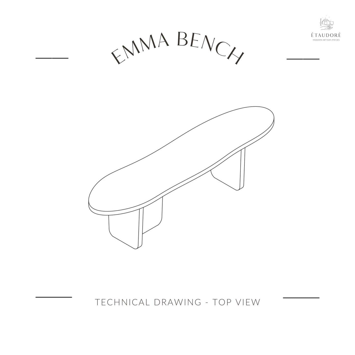 Technical drawing of the top of the ÉTAUDORÉ & Our Wabi Sabi Home Emma Bench