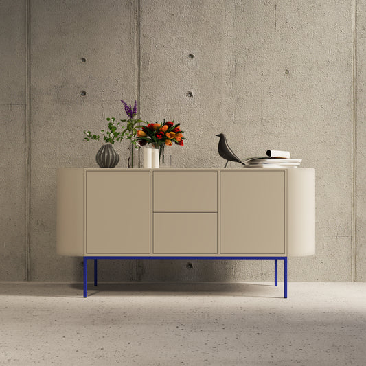 ÉTAUDORÉ Desiva Lumia 01 steel rounded sideboard in light beige powder coated steel with blue legs