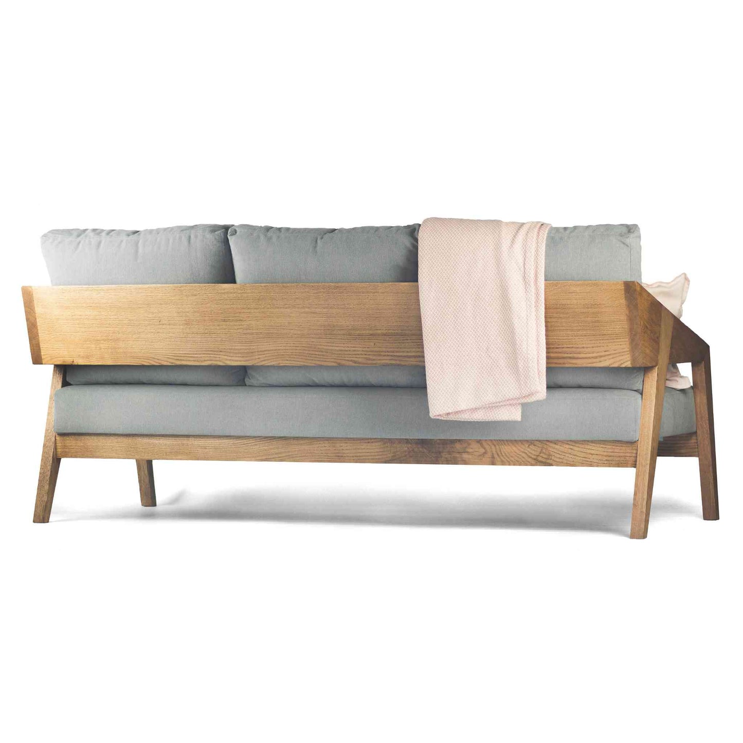 Piz Gloria solid oak wood sofa with high quality fabric upholstery in ash gray color - back view