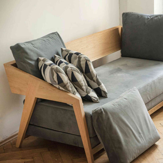 Piz Gloria foldable sofa bed, made from solid oak wood with high quality upholstery