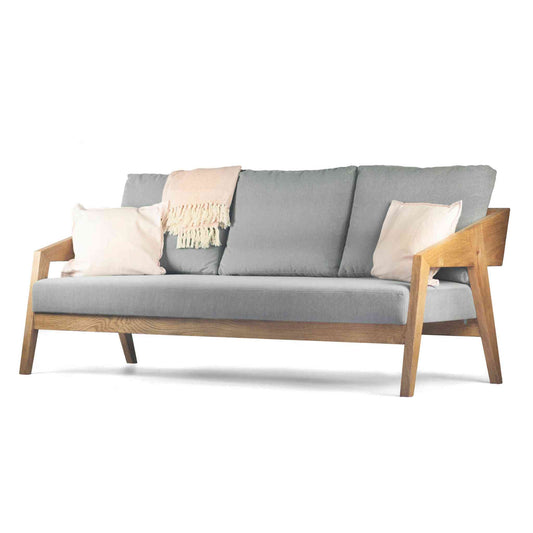 Piz Gloria solid oak wood sofa with high quality fabric upholstery in ash gray color