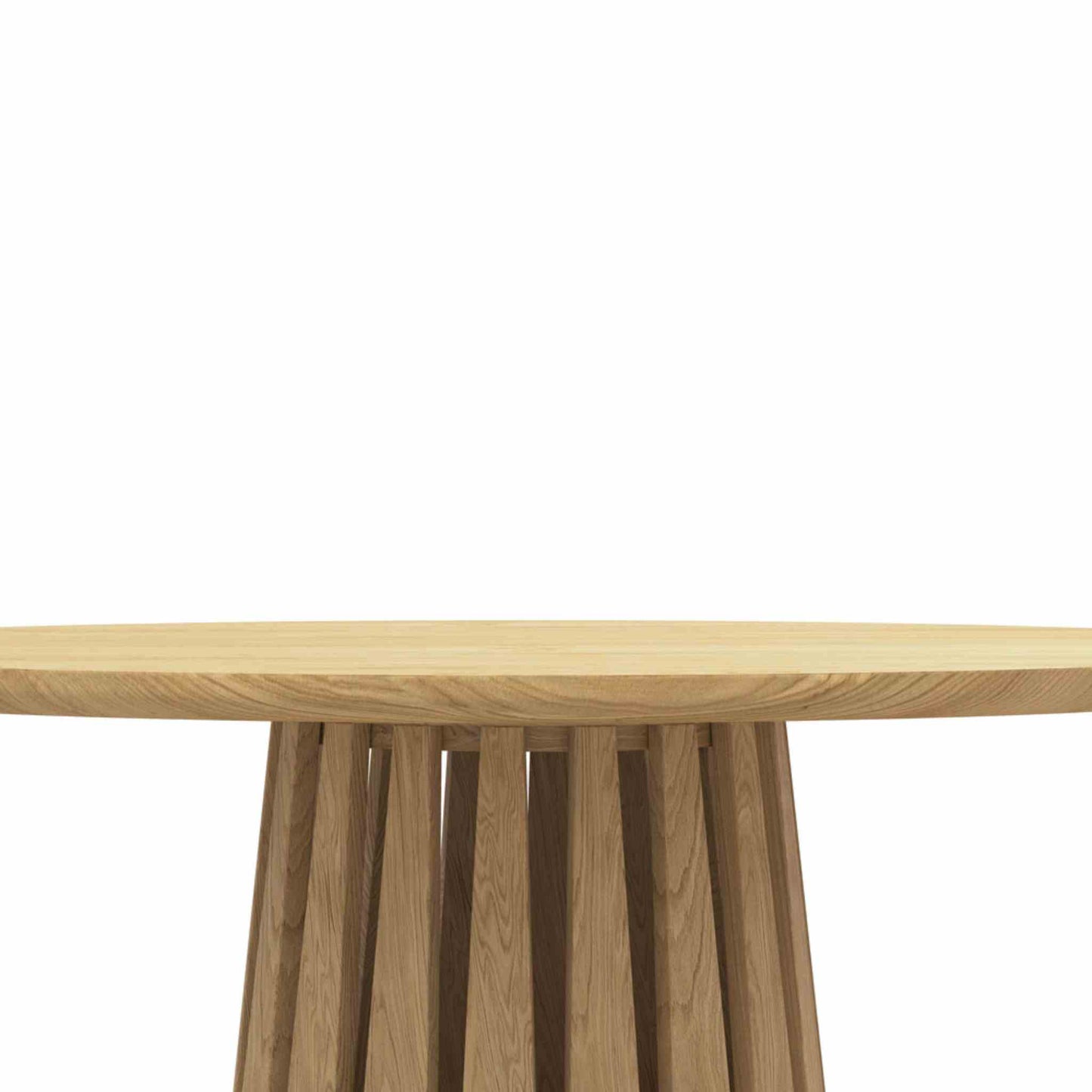 Close up of the round Rigi table from ÉTAUDORÉ in solid oak wood with a beautiful base