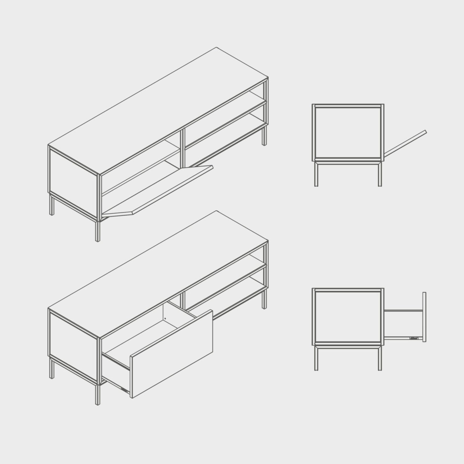 Technical drawing of the Sarine Lowboard in powder-coated steel, elegant and modern piece of furniture for your living room