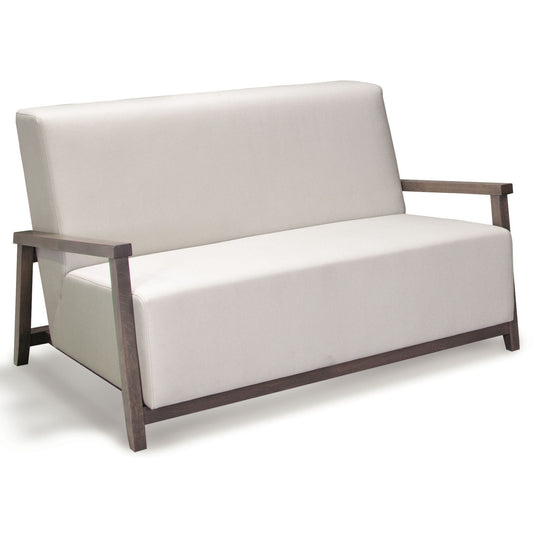 Reuss designer sofa by ÉTAUDORÉ in neutral fabric with architectural beech wood armrests and lounge proportions.