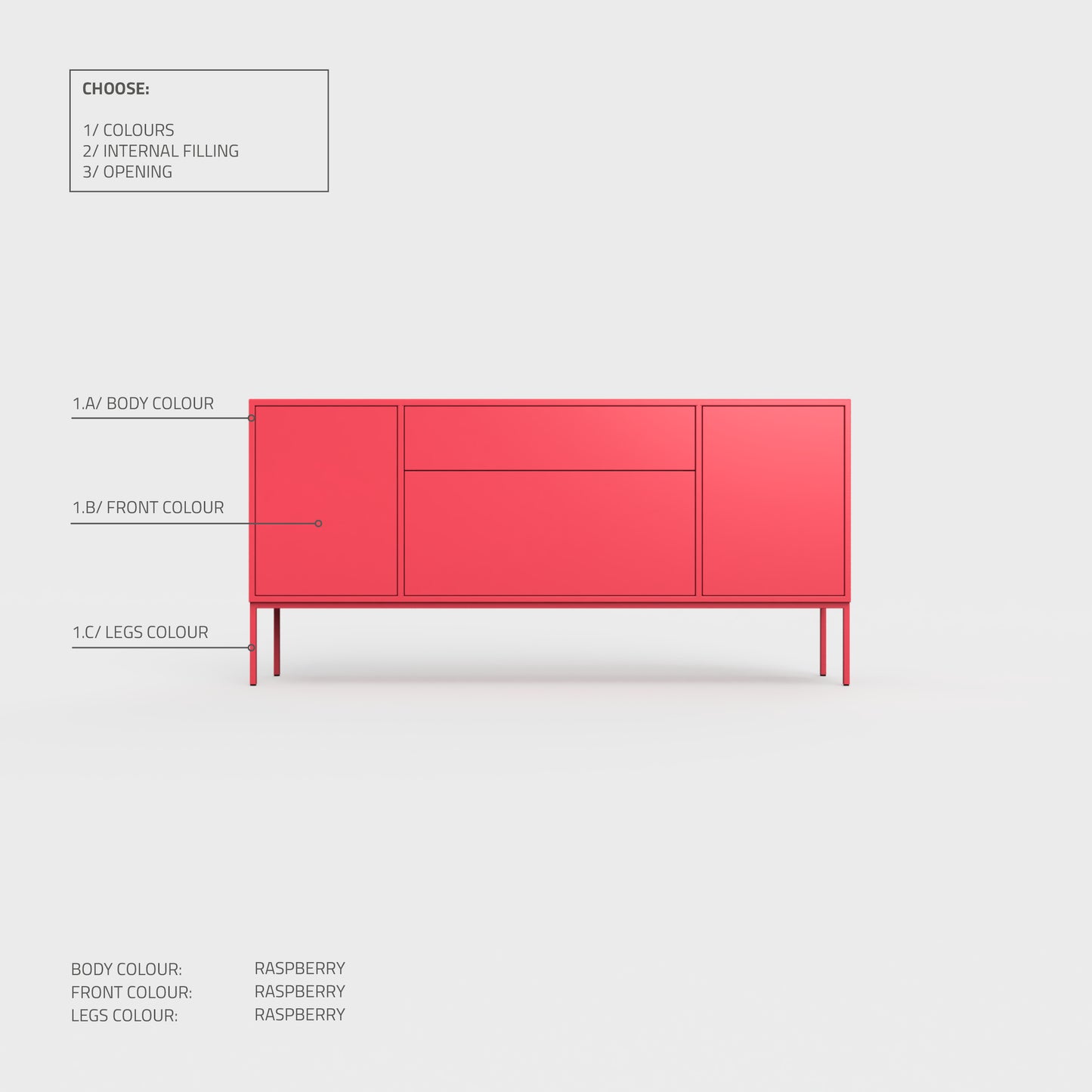 Arnika 02 Sideboard in 40 colors, powder-coated steel, elegant and modern piece of furniture for your living room