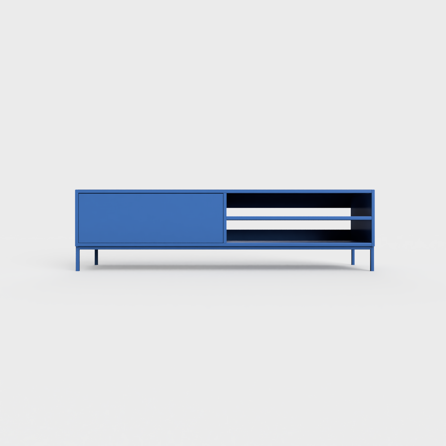 Prunus 02 Lowboard in Azure color, powder-coated steel, elegant and modern piece of furniture for your living room