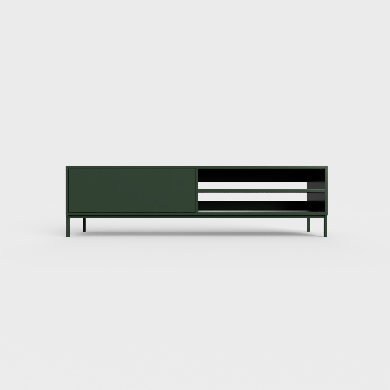 Prunus 02 Lowboard in Bottle Green color, powder-coated steel, elegant and modern piece of furniture for your living room