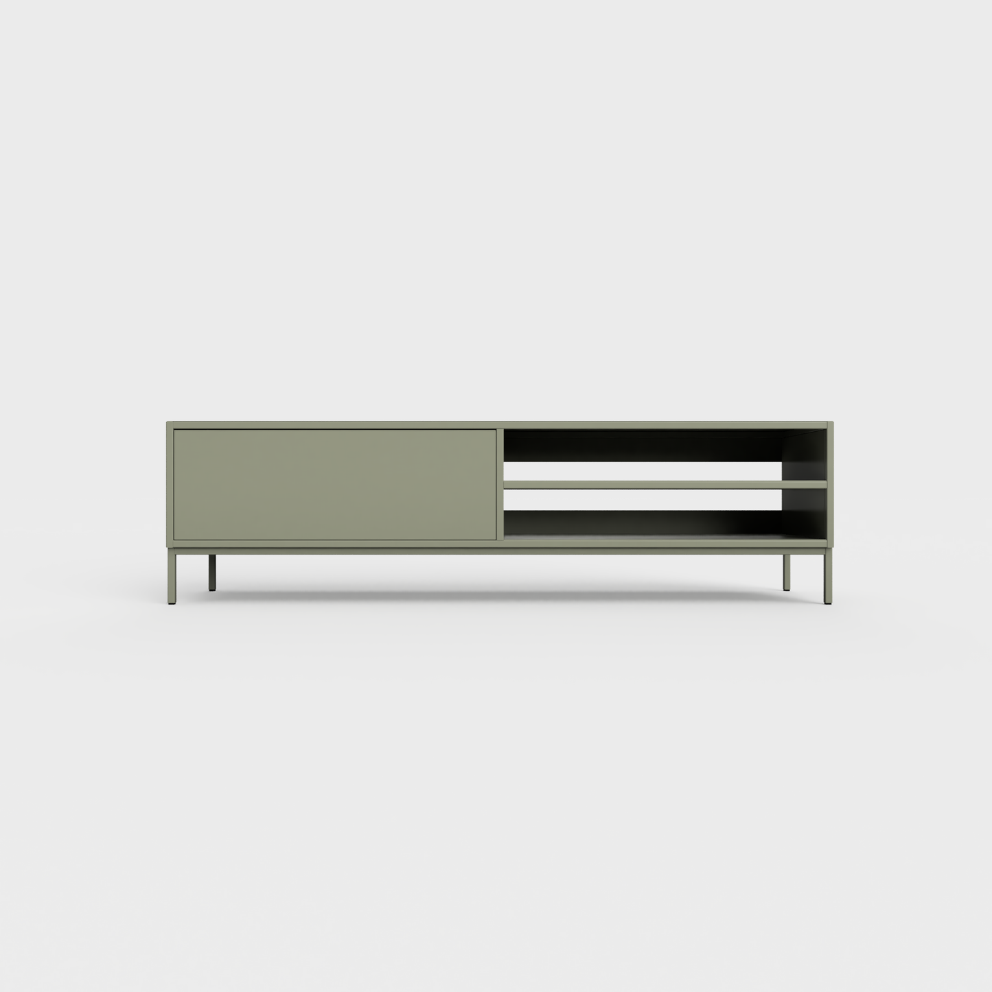 Prunus 02 Lowboard in Faded Olive color, powder-coated steel, elegant and modern piece of furniture for your living room
