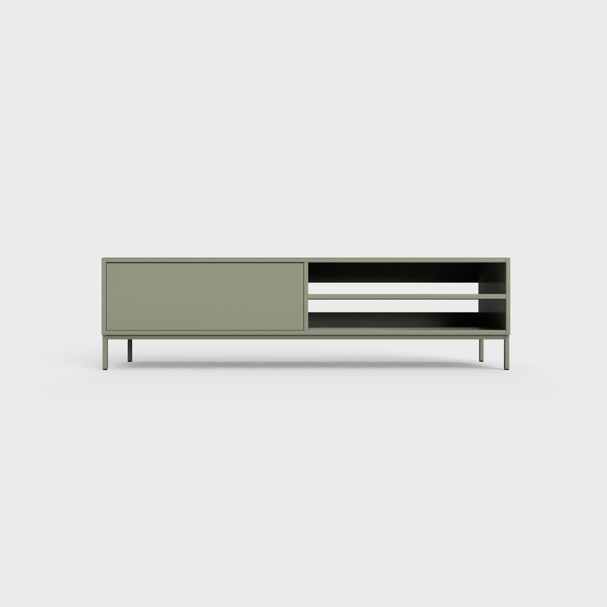 Prunus 02 Lowboard in Faded Olive color, powder-coated steel, elegant and modern piece of furniture for your living room
