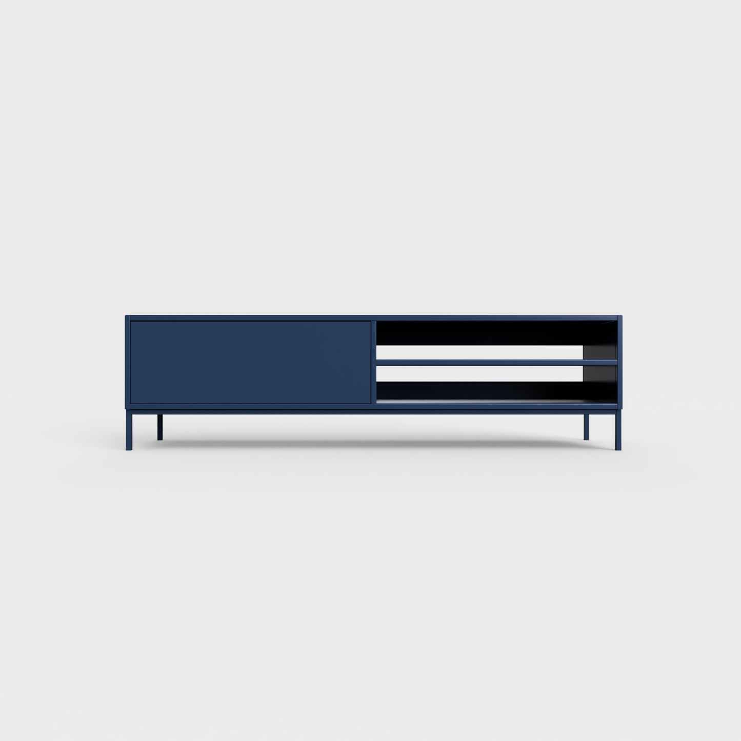 Prunus 02 Lowboard in prussian blue color, powder-coated steel, elegant and modern piece of furniture for your living room
