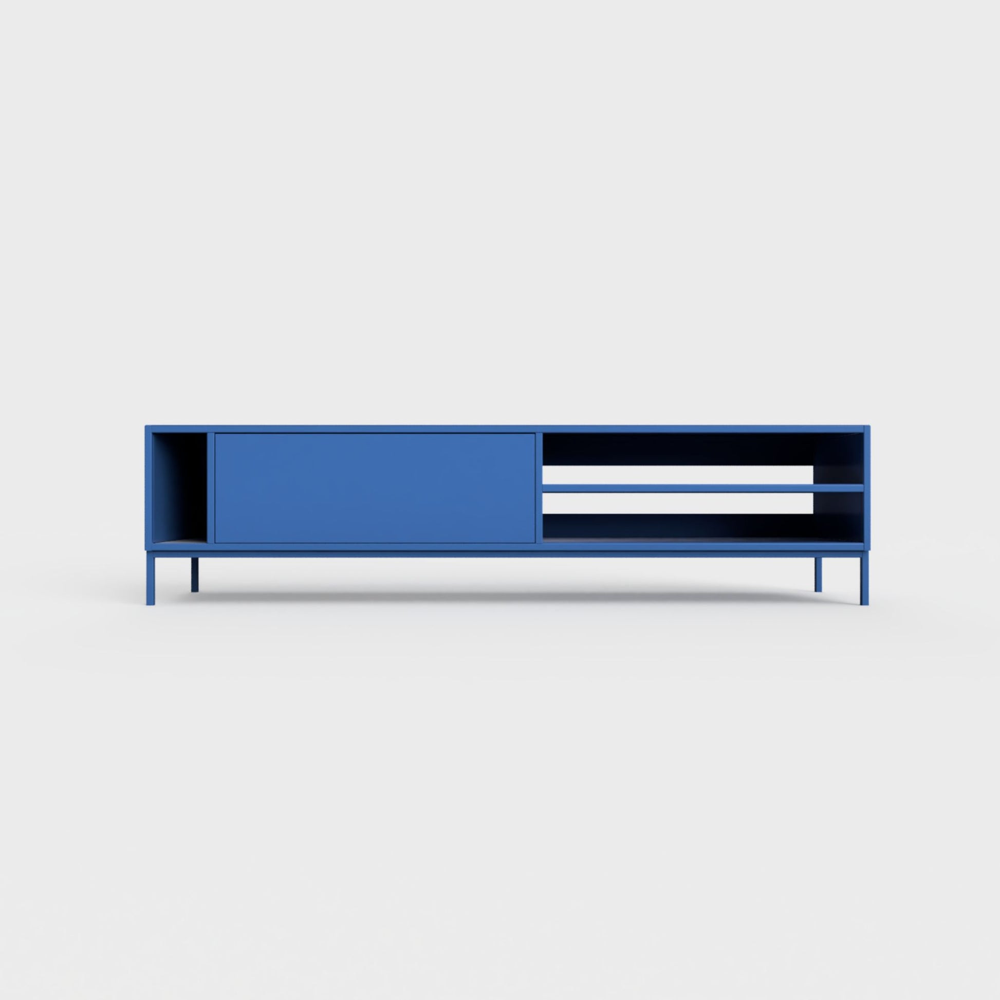 Prunus 03 Lowboard in azure blue color, powder-coated steel, elegant and modern piece of furniture for your living room