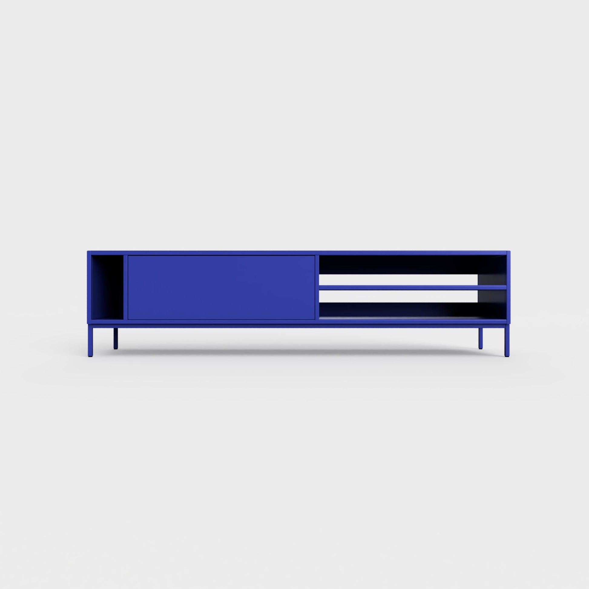 Prunus 03 Lowboard in bluebell blue color, powder-coated steel, elegant and modern piece of furniture for your living room