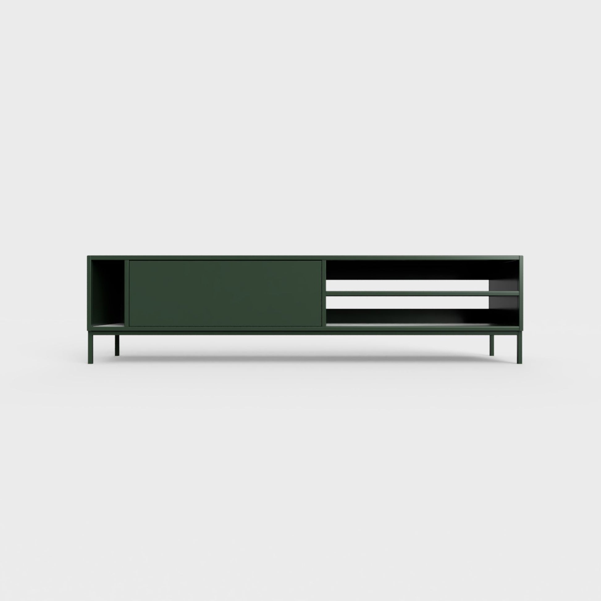 Prunus 03 Lowboard in bottle green color, powder-coated steel, elegant and modern piece of furniture for your living room