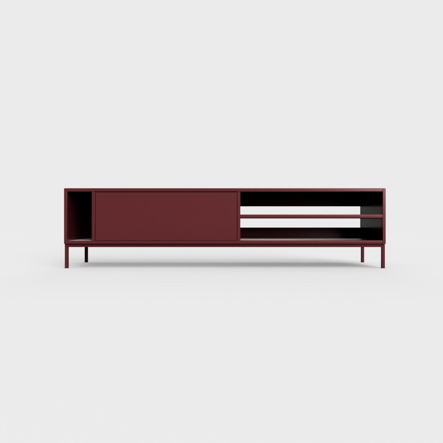 Prunus 03 Lowboard in burgundy red color, powder-coated steel, elegant and modern piece of furniture for your living room