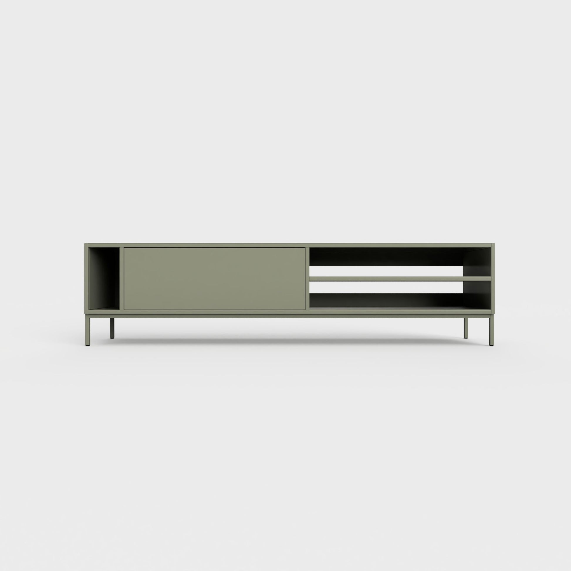 Prunus 03 Lowboard in faded olive green color, powder-coated steel, elegant and modern piece of furniture for your living room