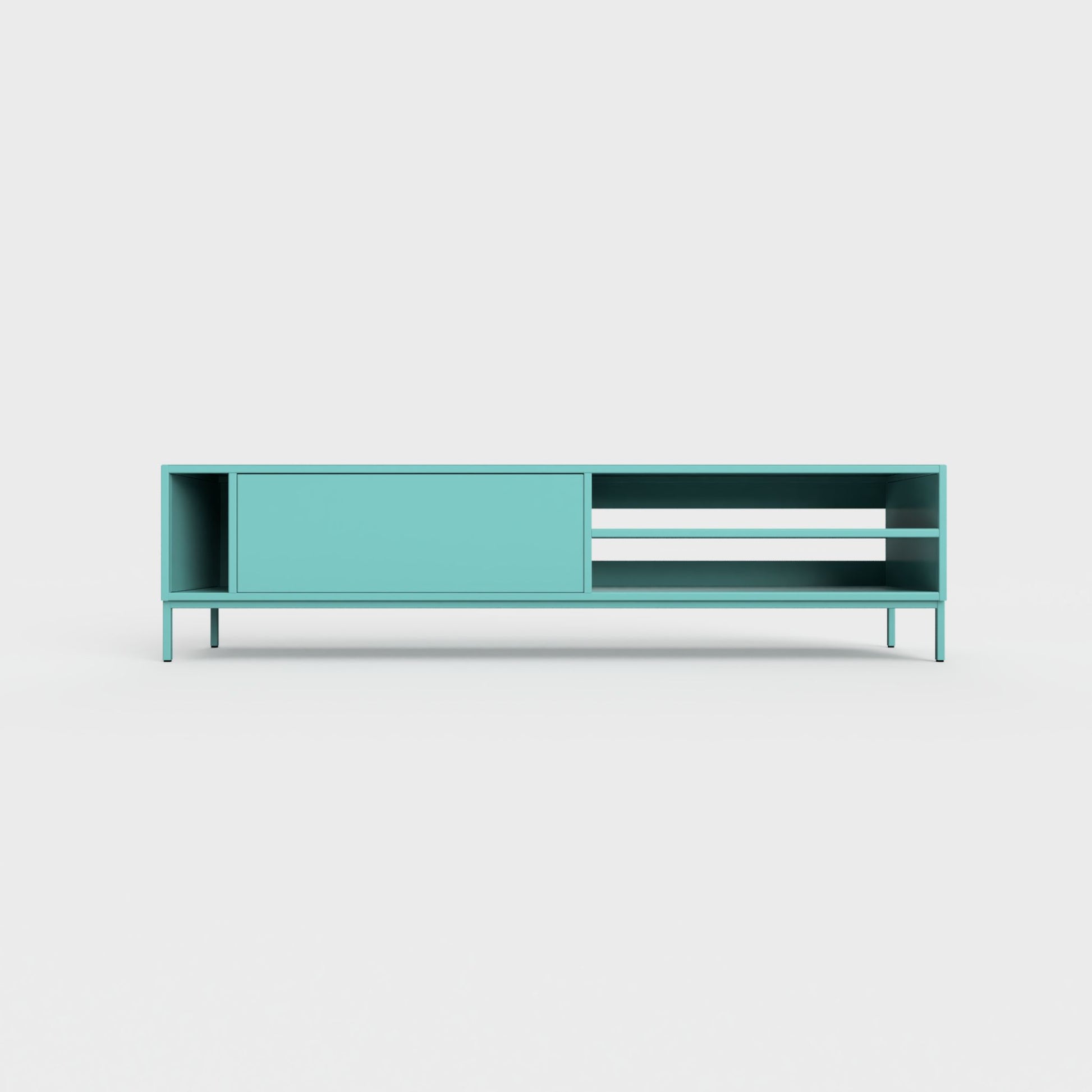 Prunus 03 Lowboard in forget me not blue green color, powder-coated steel, elegant and modern piece of furniture for your living room