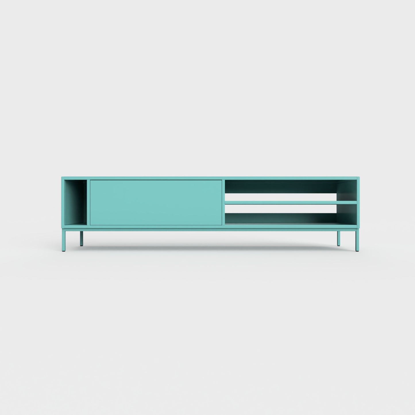 Prunus 03 Lowboard in forget me not blue green color, powder-coated steel, elegant and modern piece of furniture for your living room