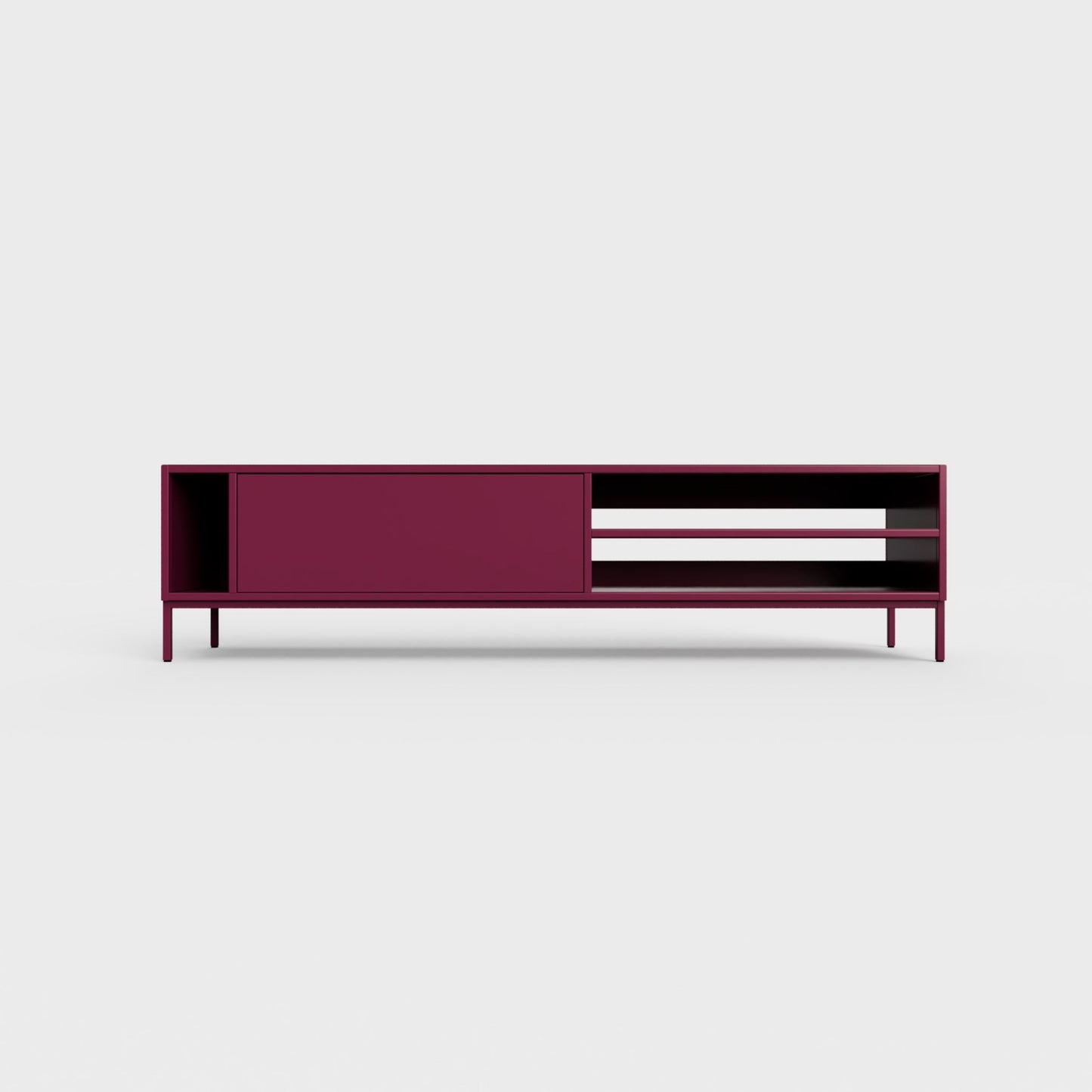 Prunus 03 Lowboard in plum purple red color, powder-coated steel, elegant and modern piece of furniture for your living room
