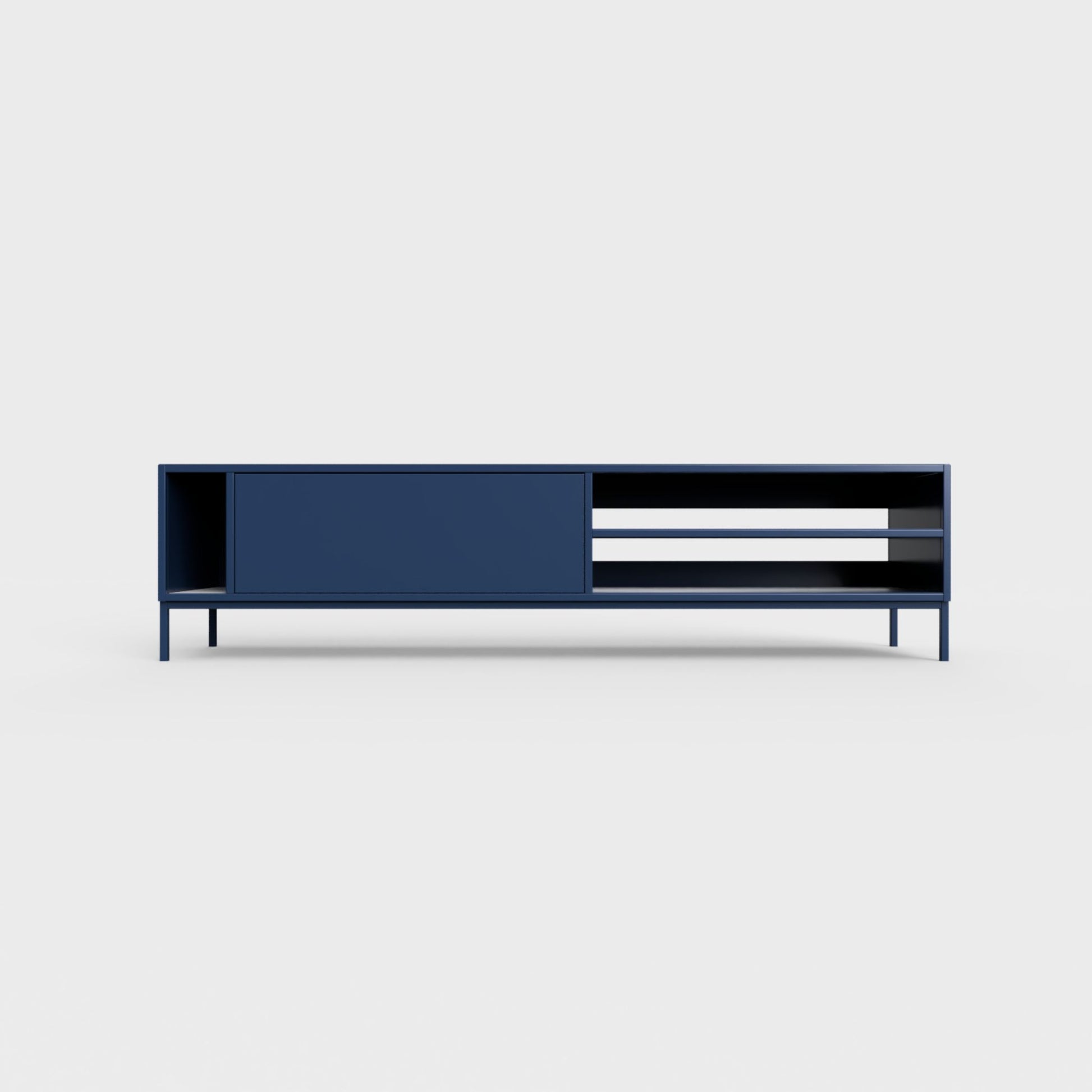 Prunus 03 Lowboard in prussian blue color, powder-coated steel, elegant and modern piece of furniture for your living room