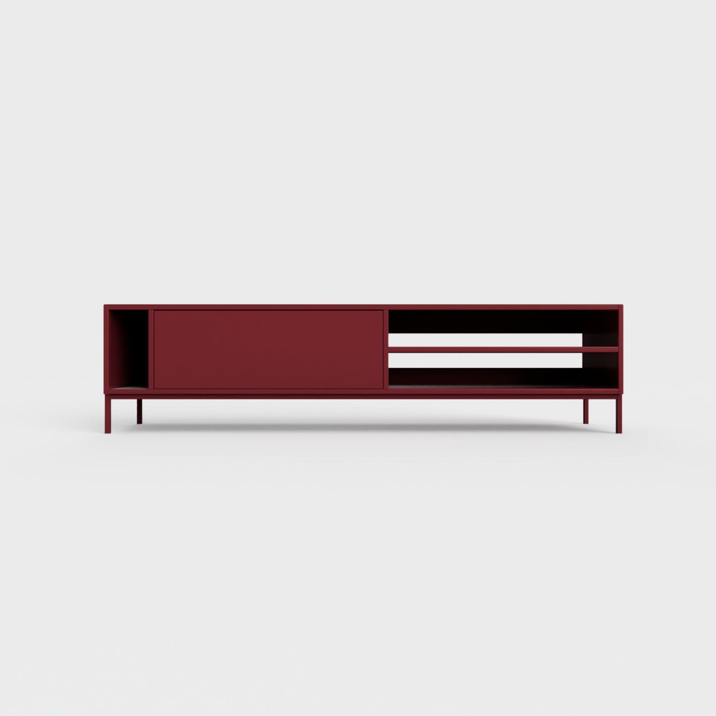 Prunus 03 Lowboard in ruby red color, powder-coated steel, elegant and modern piece of furniture for your living room