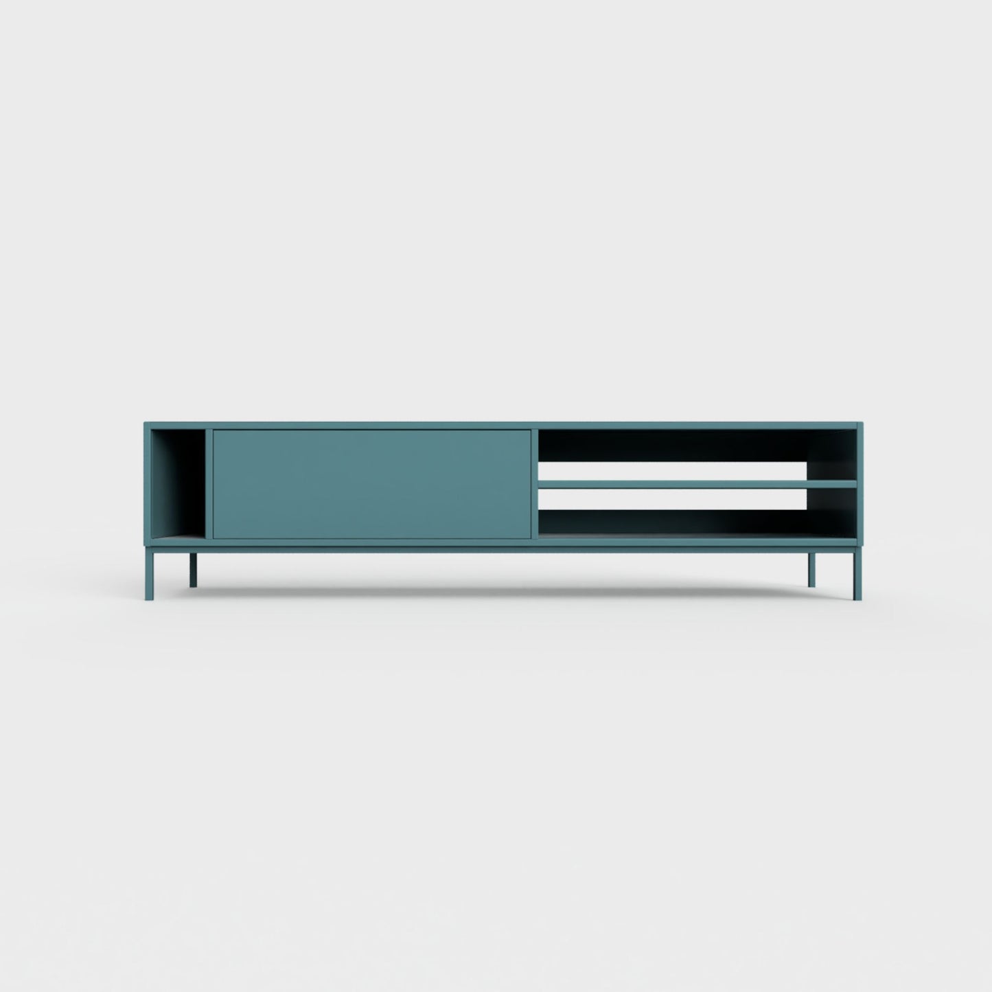 Prunus 03 Lowboard in turquoise blue-green color, powder-coated steel, elegant and modern piece of furniture for your living room