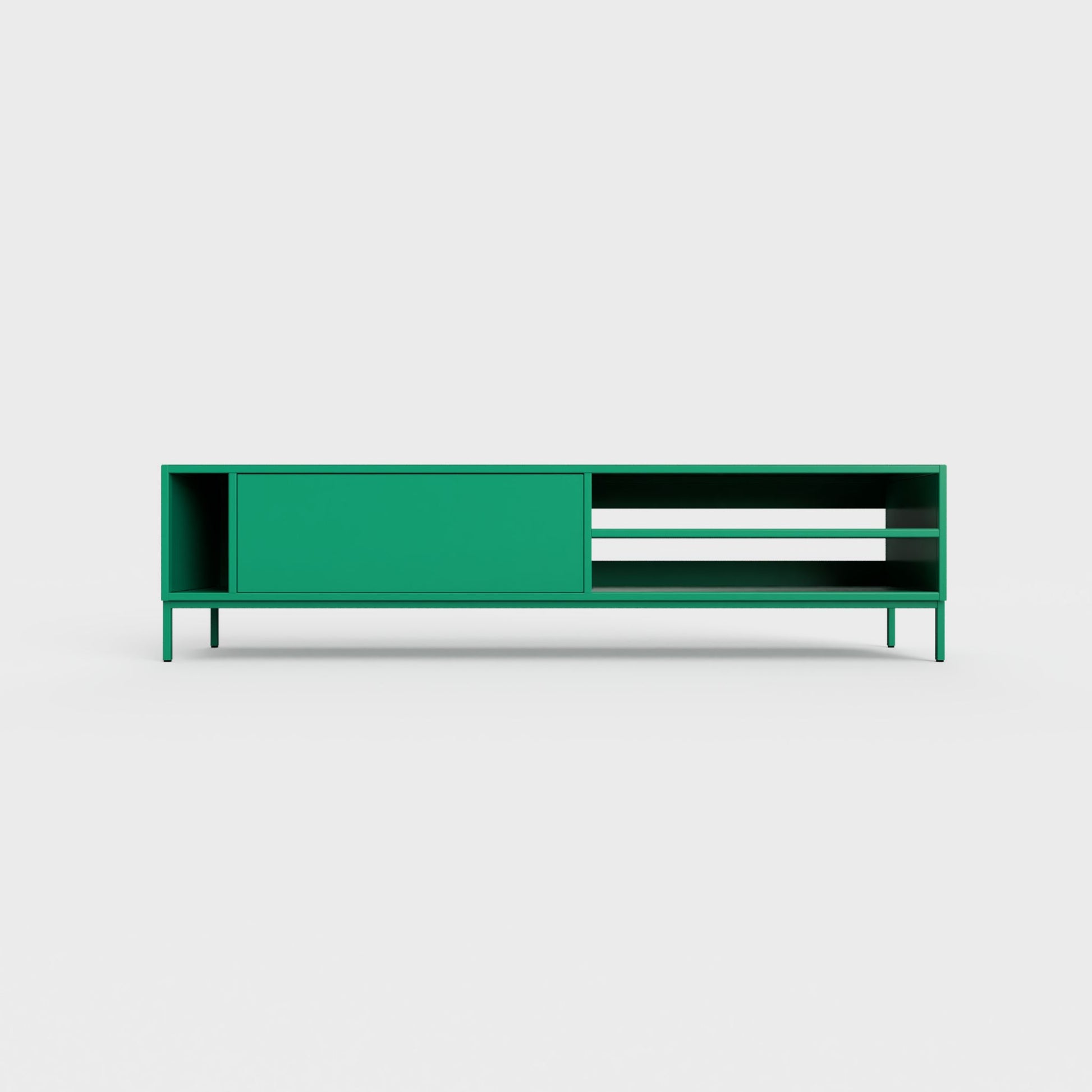 Prunus 03 Lowboard in avocado green color, powder-coated steel, elegant and modern piece of furniture for your living room